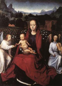 Hans Memling : Virgin and Child in a Rose-Garden with Two Angels